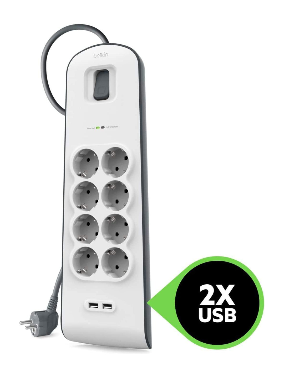 Tarmoq filtri-uzaytirgich Belkin 8хSchuko, 2xUSB 2.4A, 16А kuchlanishdan himoya, 2 metr