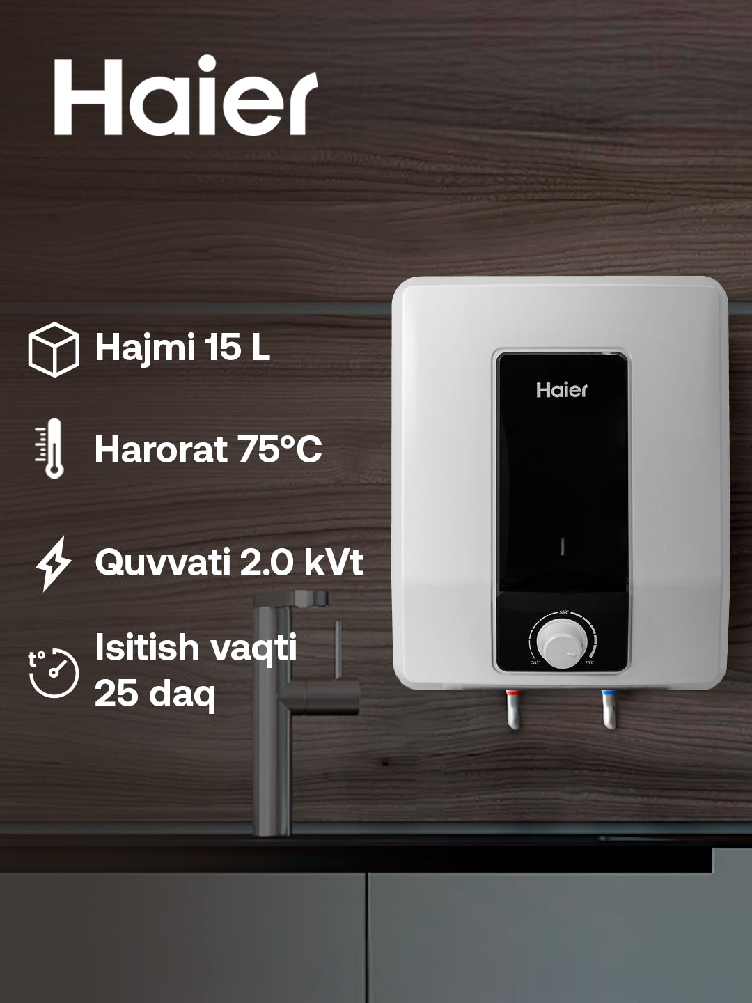 Elektr suv isitgich Haier 15 litr, 7 yillik kafolat ichki bak uchun ES15V-Q1 R