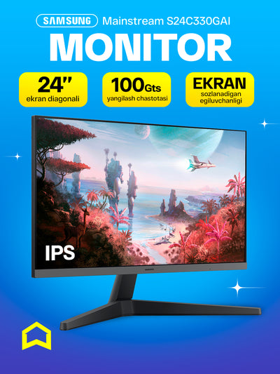 Monitor Samsung Mainstream 24" dyuymli, oyin uchun mos, Full HD 100Hz IPS