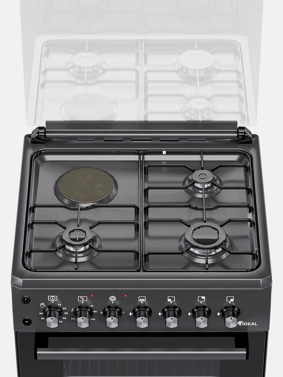 Ideal L400 gaz plitasi, 3+1 konforka, duxovkaning hajmi 65 litr, 60*60