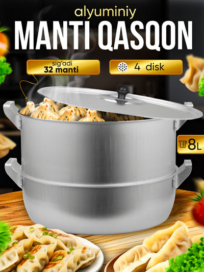 Mantovarka alyuminiy 8 l, manti qozon 4 disk, manti qasqon