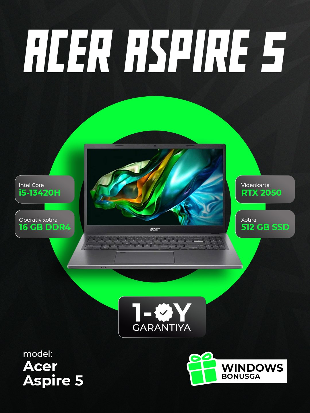 Acer Aspire 5A 515-58 GM-58 NM, 15.6" IPS/Intel Core i5-13420h/16GB DDR4/512GB noutbuk
