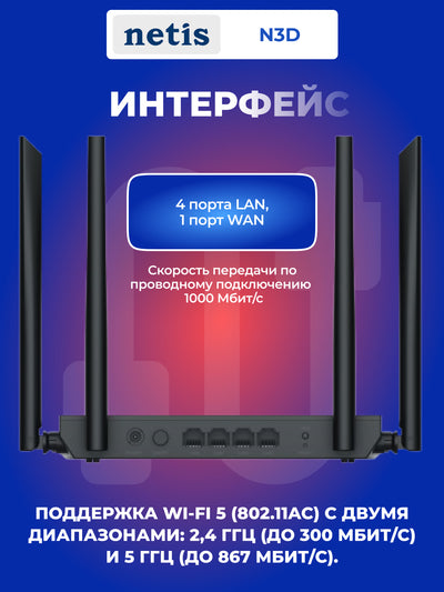 Wi-Fi router, Netis N3D AC1200 router, 3xLAN, 4x antenna