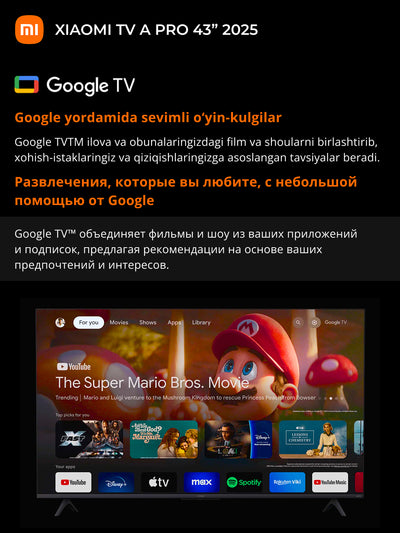 Xiaomi Mi TV A Pro 2025 smart televizorlari 43,"  QLED, 4K, rus tili