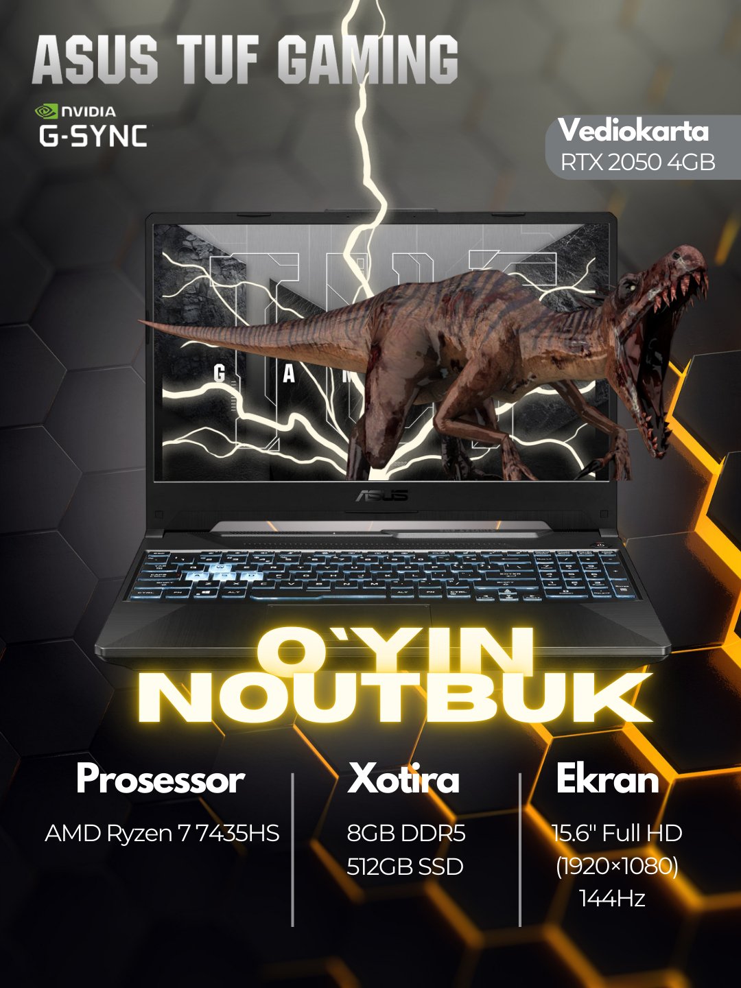 O`yin noutbuki Asus TUF Gaming FA506N, R7-7435HS, 8/512GB, RTX2050 4GB, 15.6", 1 yil kafolat
