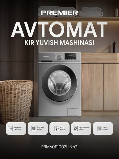 Kir yuvish mashinasi Premier PRM-60F1002LIN, 6 kg, Invertor, bug' bilan yuvish