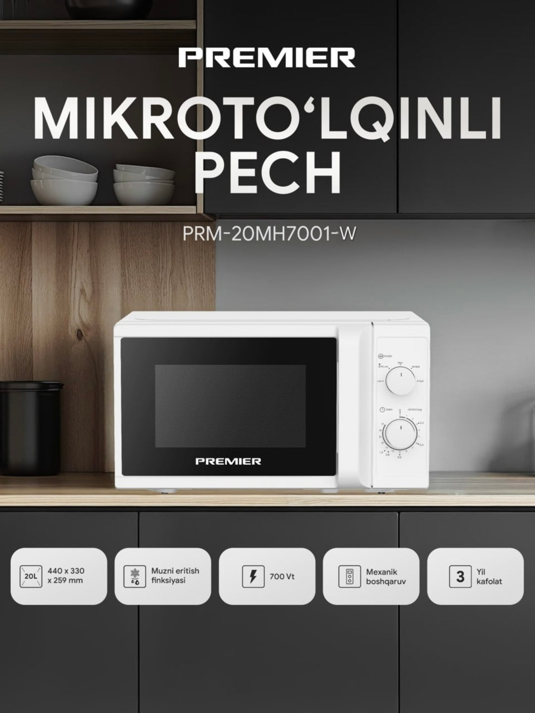 Mikroto'lqinli pech Premier PRM-20MH-7001, 20 litr