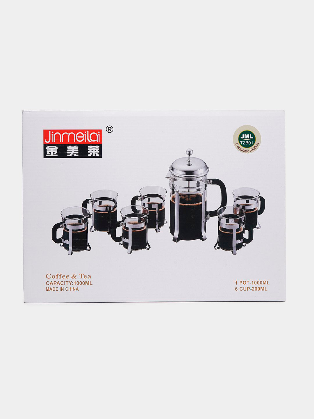 Shishali french-press choynak va finjonlar to'plami, 6 tasi 1 da, 4 tasi 1 da, choy va qahva uchun
