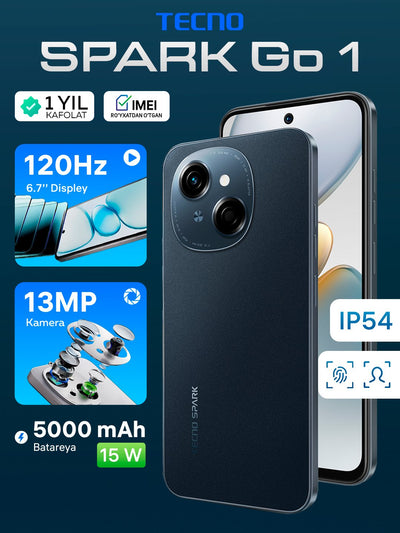 Smartfon Tecno Spark Go 1, 120 Hz, 3/64 GB va 4/64 GB, 6.67 IPS ekran