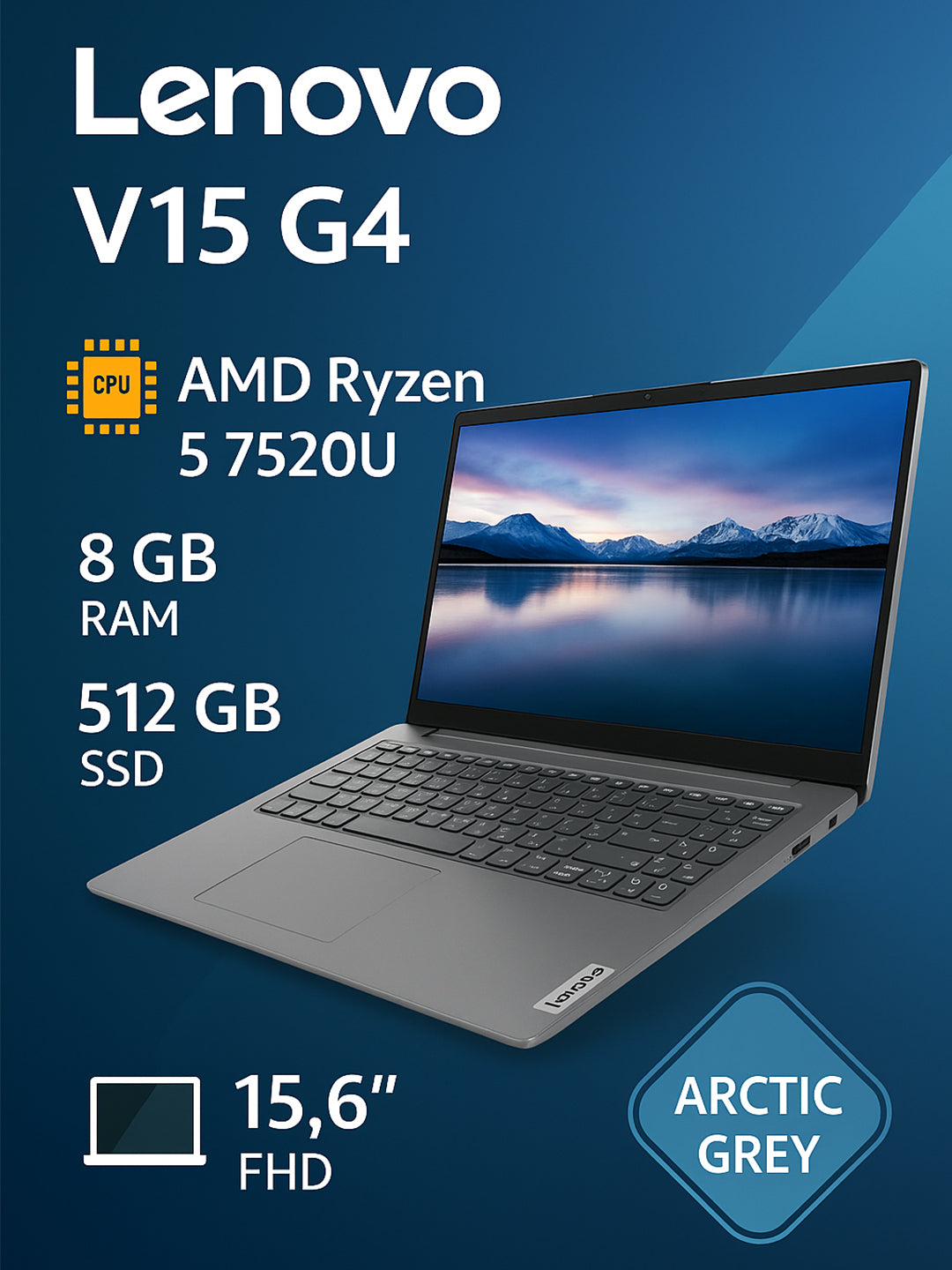 Noutbuk Lenovo V15 G4 / AMD R5-7520U / DDR 8GB / SSD 512GB / 15,6 FHD / Arctic Grey