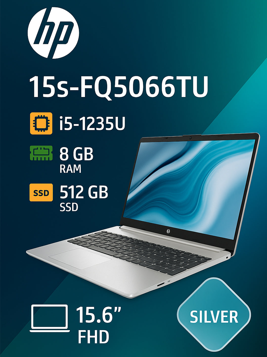 Noutbuk HP 15s-fq5066TU Intel Core i5-1235U| DDR4 8GB| SSD 512GB| 15,6 FHD Backlit| Silver