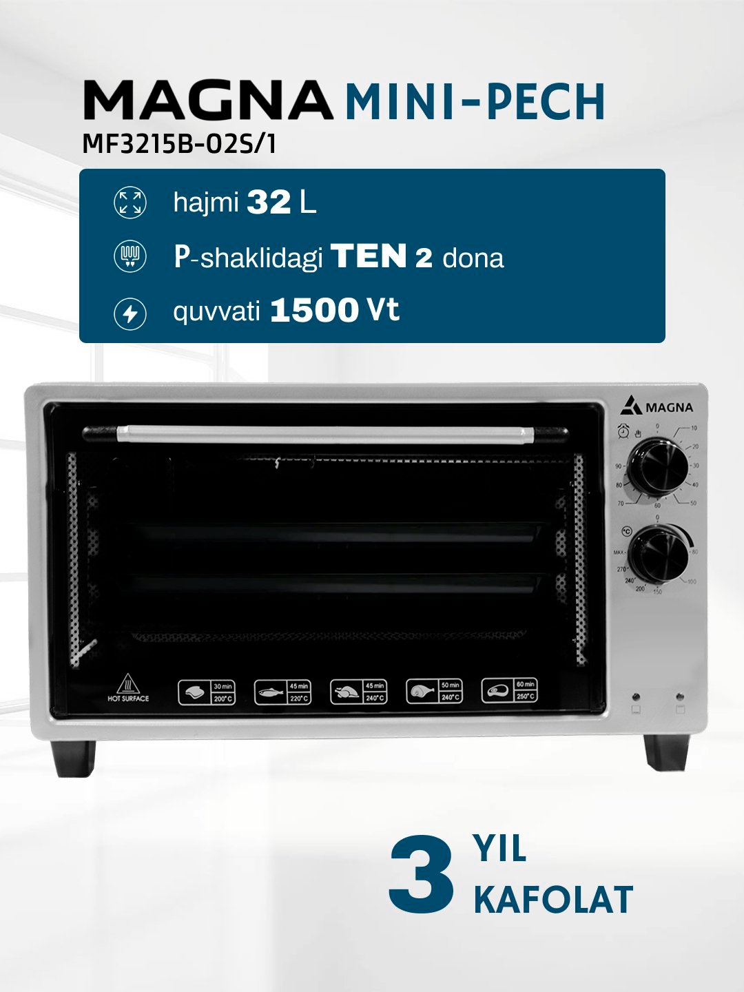 Mini pech Magna MF3215B-02S/1, hajmi 32 litr, quvvati 1500 Vt