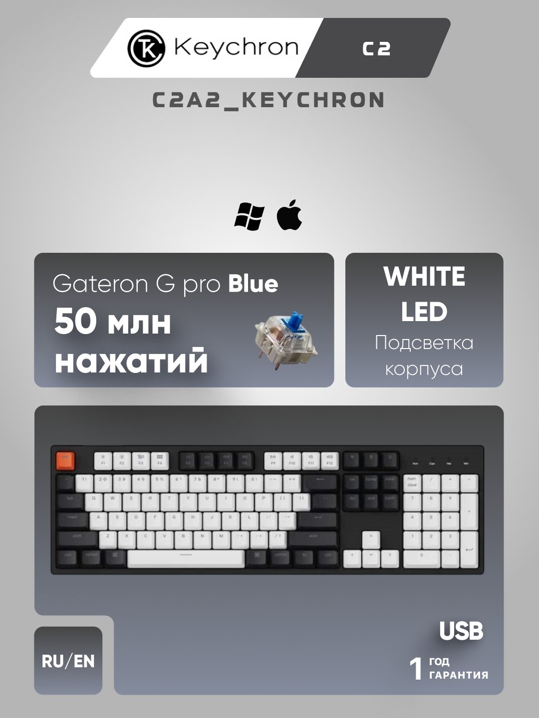 Mexanik klaviatura Keychron C2 104Key, Gateron G Pro, USB-A, EN/RU, White Led C2A