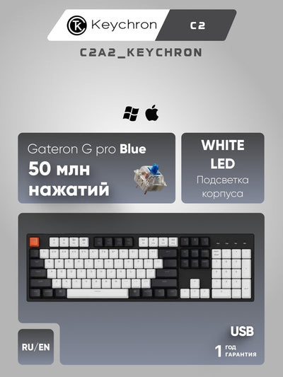 Mexanik klaviatura Keychron C2 104Key, Gateron G Pro, USB-A, EN/RU, White Led C2A