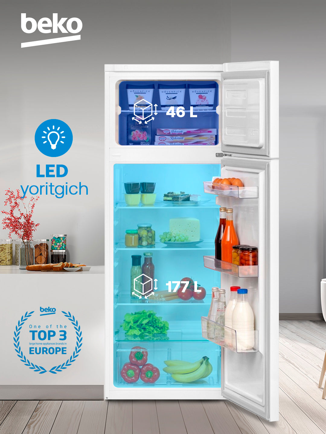 Ikki kamerali sovutgich Beko RDSK240M00W, 240 litr hajmi