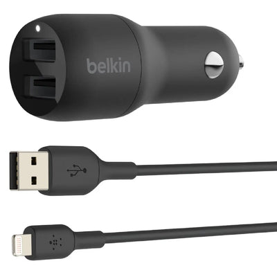 Avtomobil zaryadlash qurilmasi Belkin Car Charger 24W Dual USB-A, USB-A - Lightning, 1m, black